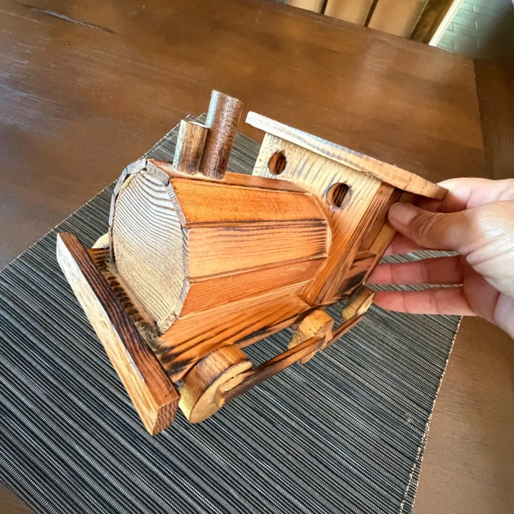 Vintage Wooden Train Locomotive Coaster Set Rustic Caddy 7 Piece